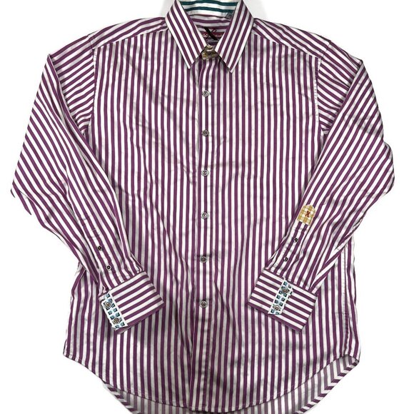 Robert Graham X Button Up Shirt Mens Large Purple Striped Long Sleeve Flip Cuff - Picture 7 of 11